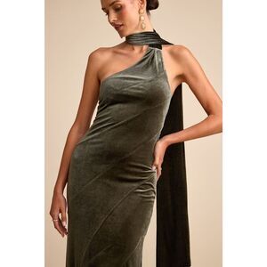 Lulus Eleni Dusty Olive Velvet One-shoulder Sash Maxi Dress Green - Size S